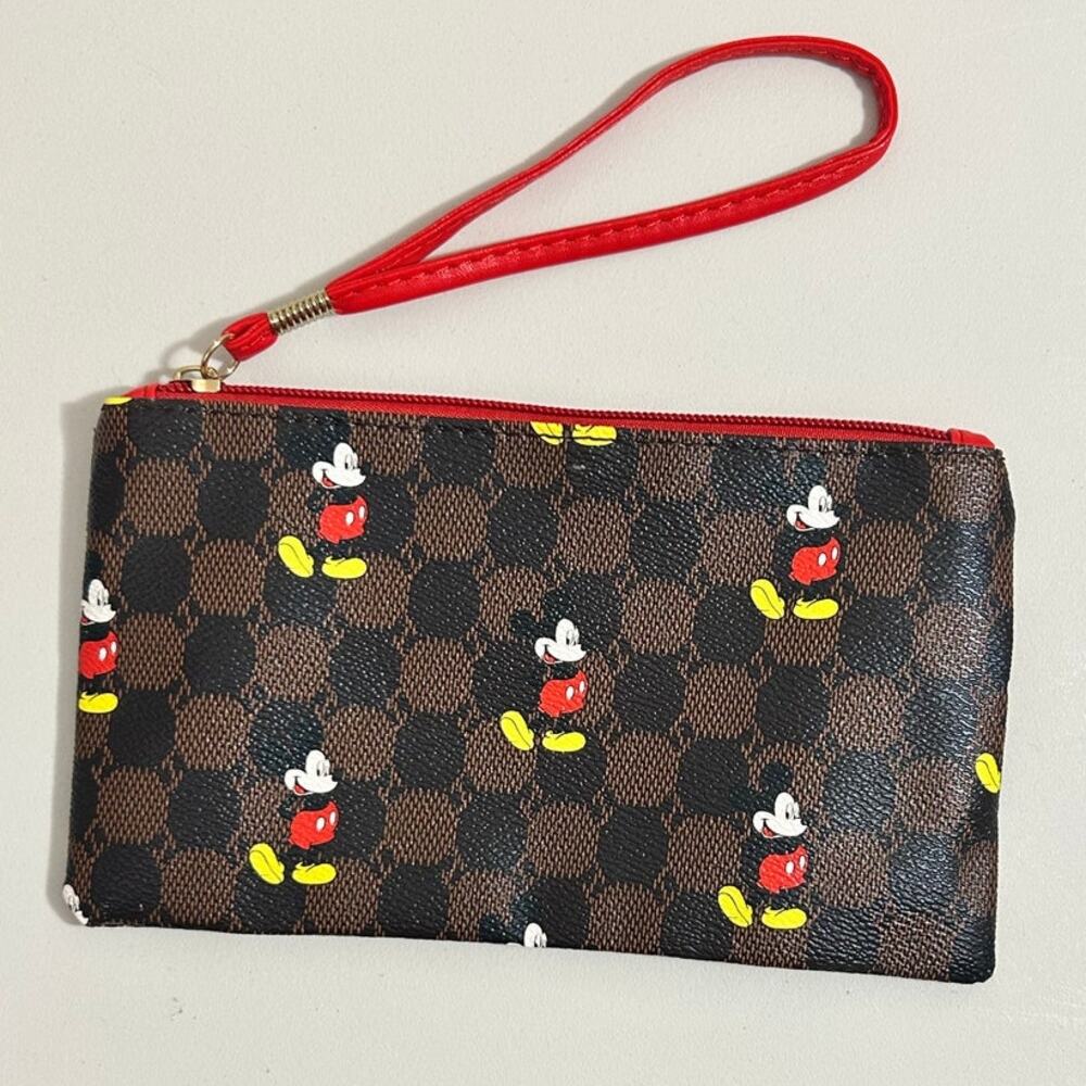 Mickey Mouse Wristlet Faux Leather Brown Checkered with Red Strap - Picture 2 of 10
